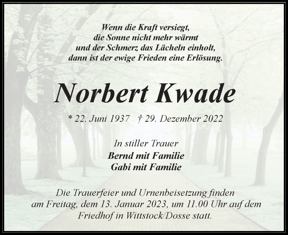  Traueranzeige für Norbert Kwade vom 07.01.2023 aus Märkischen Allgemeine Zeitung