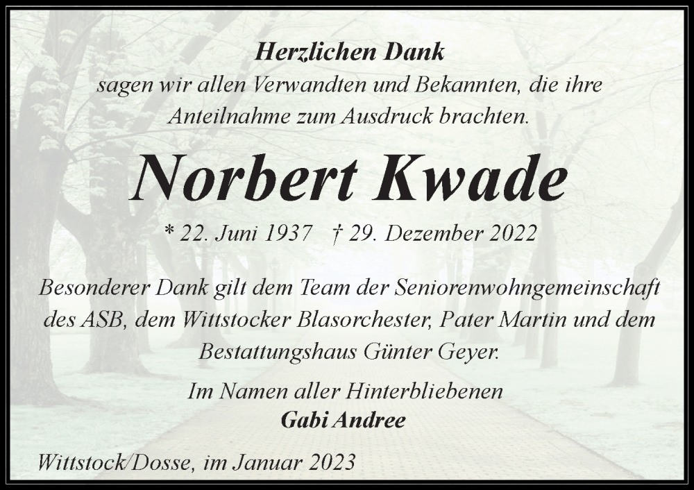  Traueranzeige für Norbert Kwade vom 21.01.2023 aus Märkischen Allgemeine Zeitung