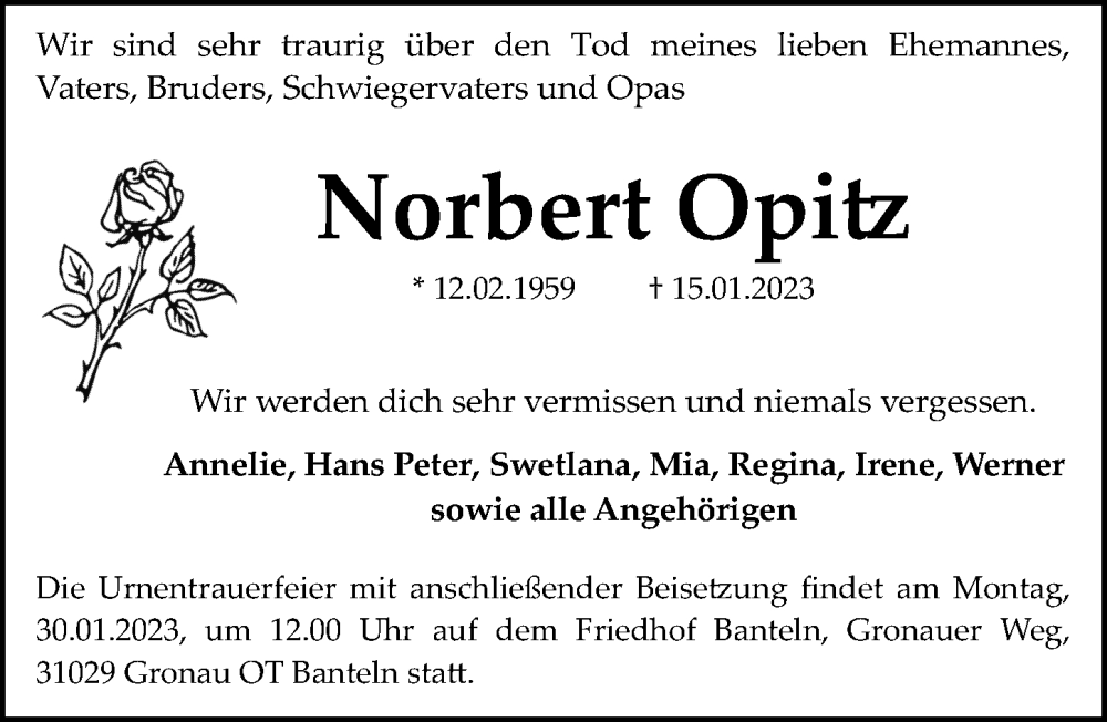  Traueranzeige für Norbert Opitz vom 21.01.2023 aus Hannoversche Allgemeine Zeitung/Neue Presse
