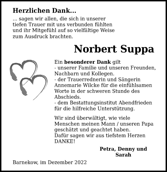 Traueranzeige von Norbert Suppa von Ostsee-Zeitung GmbH