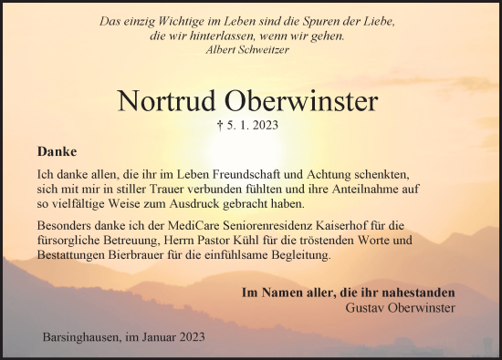 Traueranzeige von Nortrud Oberwinster von Hannoversche Allgemeine Zeitung/Neue Presse