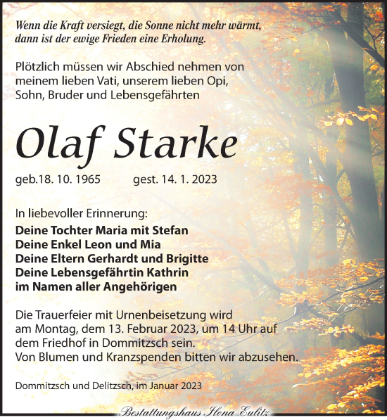 Traueranzeige von Olaf Starke von Torgauer Zeitung