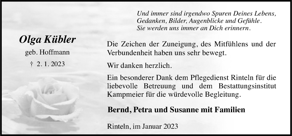  Traueranzeige für Olga Kübler vom 28.01.2023 aus Schaumburger Nachrichten