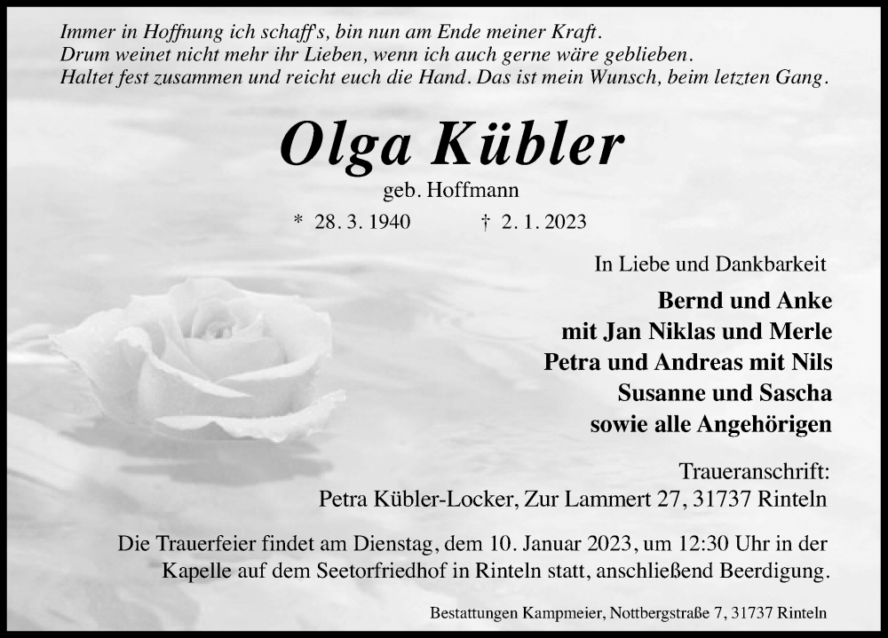  Traueranzeige für Olga Kübler vom 07.01.2023 aus Schaumburger Nachrichten