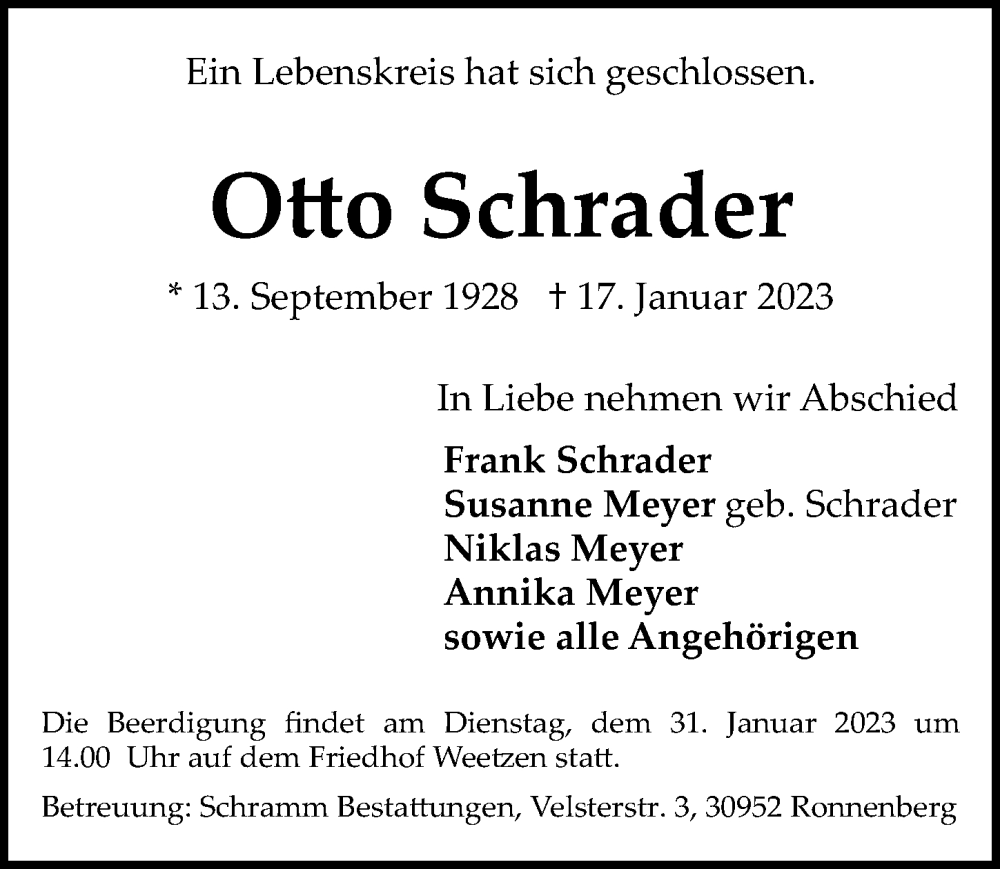  Traueranzeige für Otto Schrader vom 21.01.2023 aus Hannoversche Allgemeine Zeitung/Neue Presse