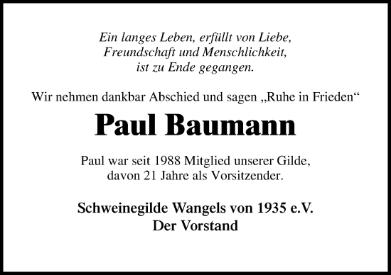 Traueranzeige von Paul Baumann von Lübecker Nachrichten