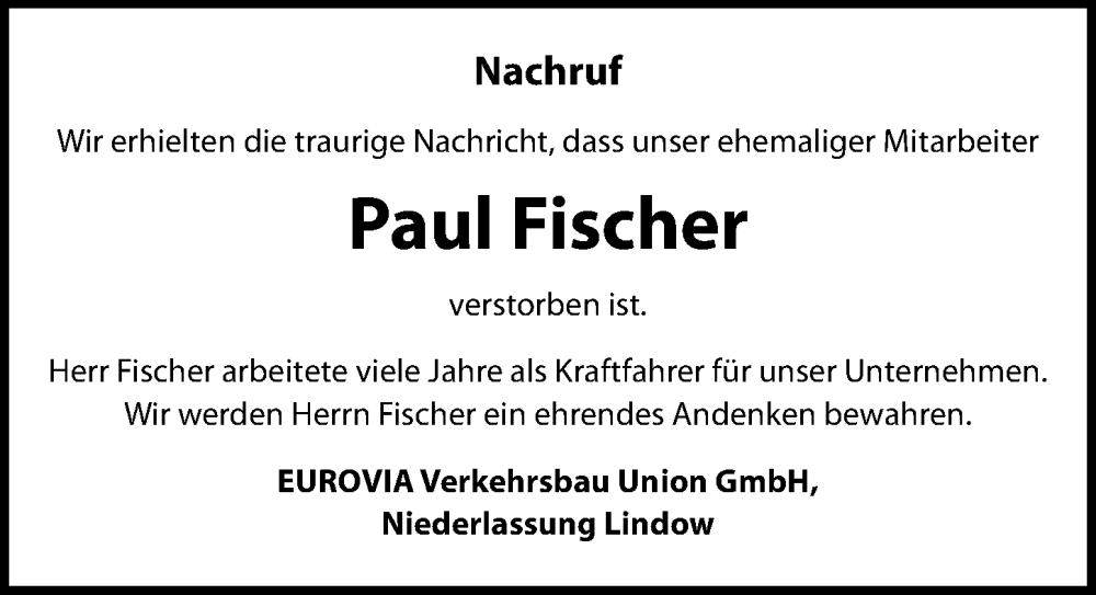 Traueranzeigen von Paul Fischer traueranzeigen.de