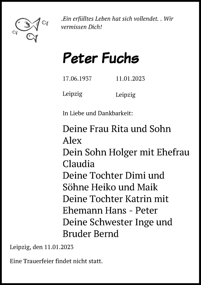  Traueranzeige für Peter Fuchs vom 21.01.2023 aus Leipziger Volkszeitung
