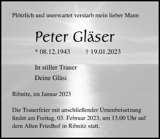 Traueranzeige von Peter Gläser von Ostsee-Zeitung GmbH