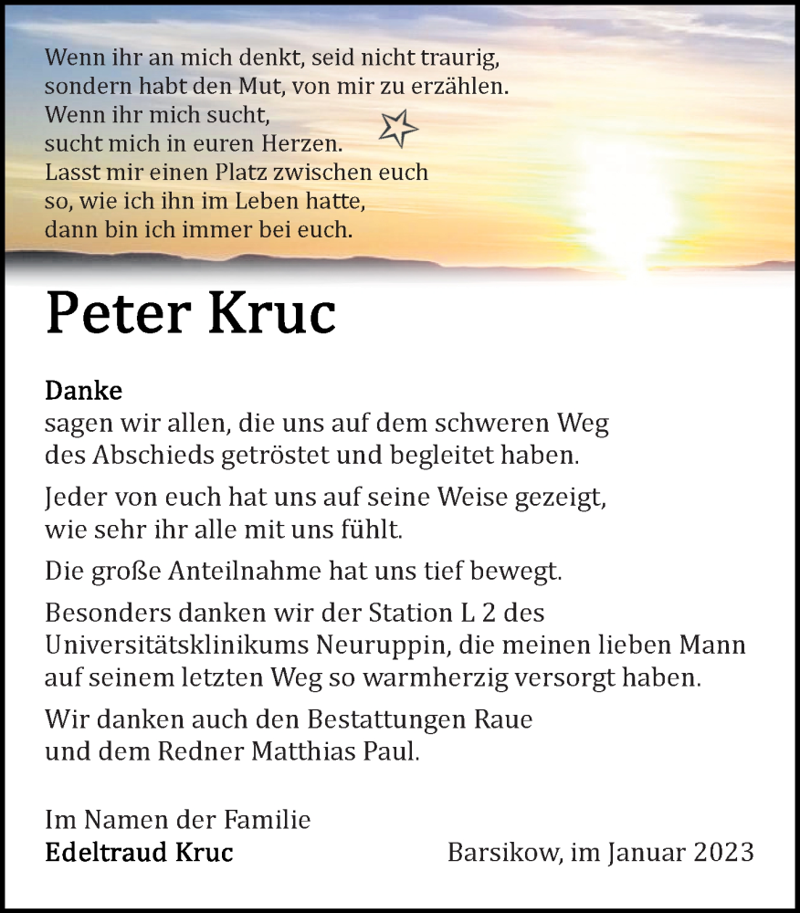 Traueranzeige für Peter Kruc vom 07.01.2023 aus Märkischen Allgemeine Zeitung