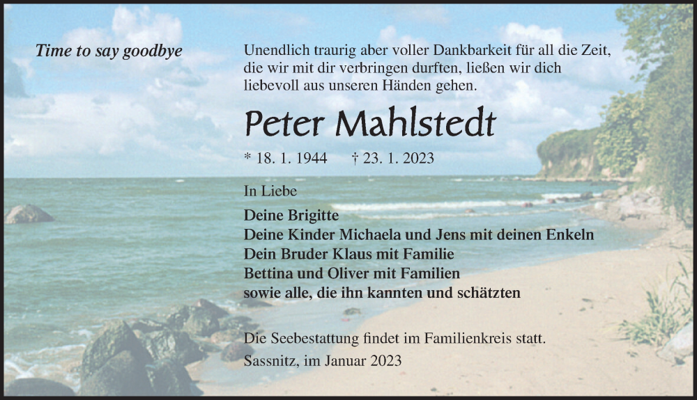  Traueranzeige für Peter Mahlstedt vom 28.01.2023 aus Ostsee-Zeitung GmbH