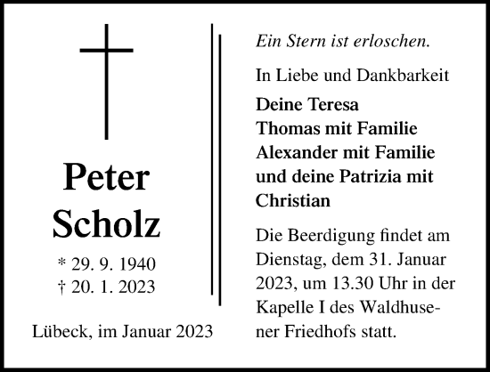 Traueranzeige von Peter Scholz von Lübecker Nachrichten