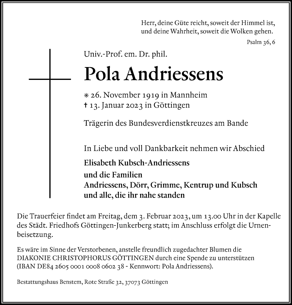  Traueranzeige für Pola Andriessens vom 21.01.2023 aus Göttinger Tageblatt