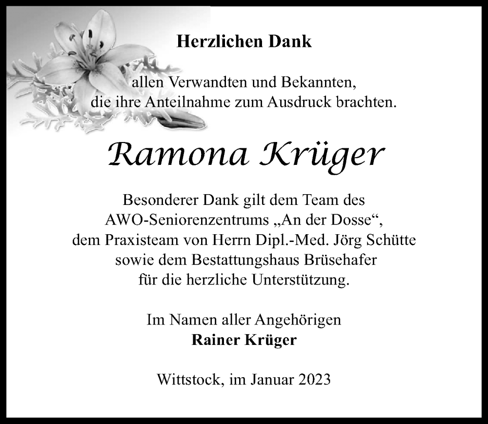  Traueranzeige für Ramona Krüger vom 28.01.2023 aus Märkischen Allgemeine Zeitung