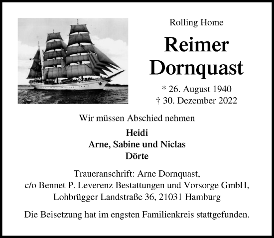 Traueranzeige von Reimer Dornquast von Lübecker Nachrichten