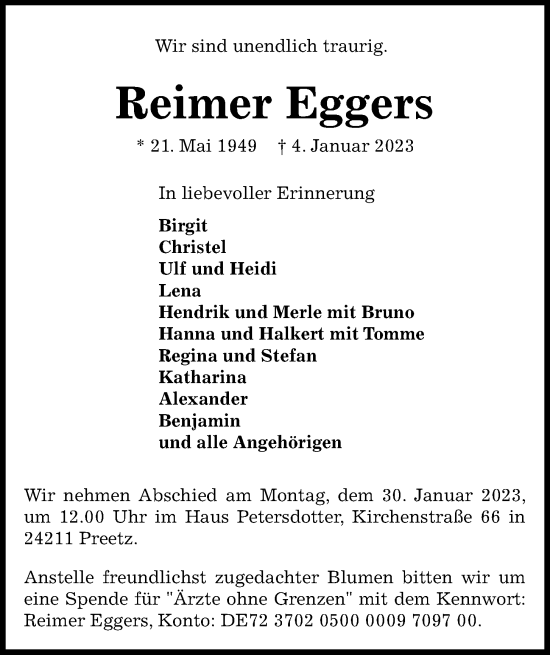 Traueranzeige von Reimer Eggers von Kieler Nachrichten