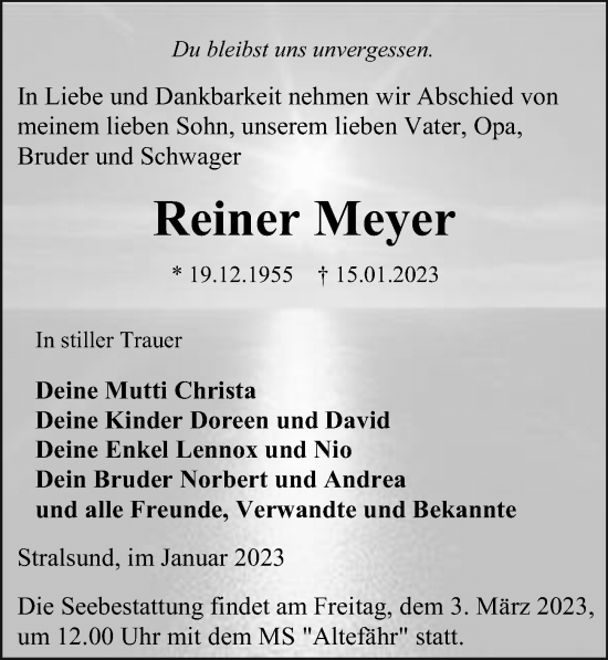 Traueranzeige von Reiner Meyer von Ostsee-Zeitung GmbH