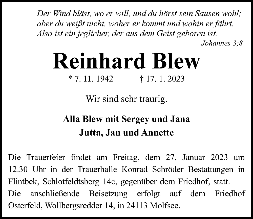  Traueranzeige für Reinhard Blew vom 21.01.2023 aus Kieler Nachrichten