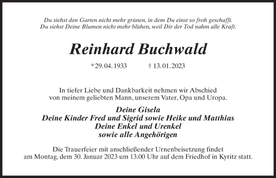 Traueranzeige von Reinhard Buchwald von Märkischen Allgemeine Zeitung