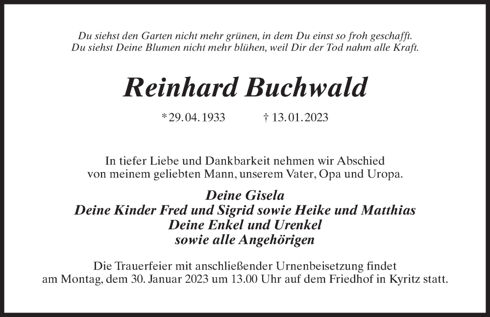  Traueranzeige für Reinhard Buchwald vom 21.01.2023 aus Märkischen Allgemeine Zeitung