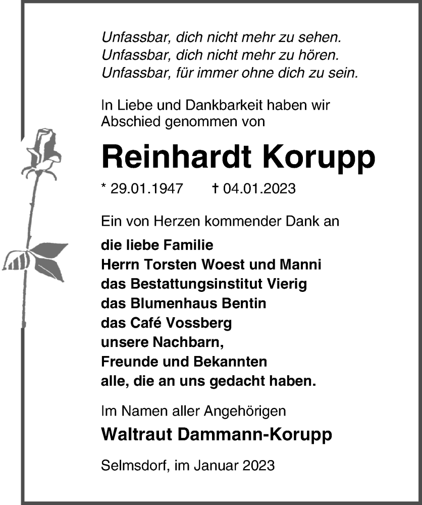  Traueranzeige für Reinhard Korupp vom 25.01.2023 aus Ostsee-Zeitung GmbH