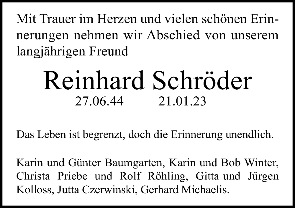  Traueranzeige für Reinhard Schröder vom 29.01.2023 aus Lübecker Nachrichten