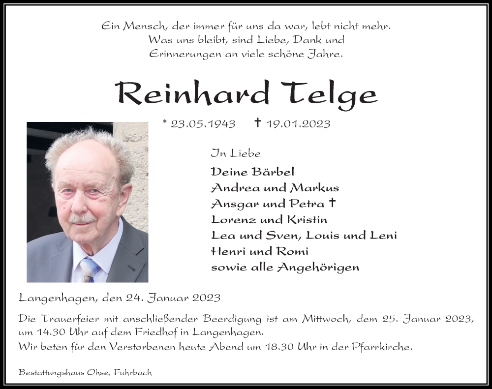  Traueranzeige für Reinhard Telge vom 24.01.2023 aus Eichsfelder Tageblatt