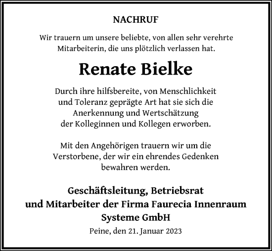 Traueranzeige von Renate Bielke von Peiner Allgemeine Zeitung