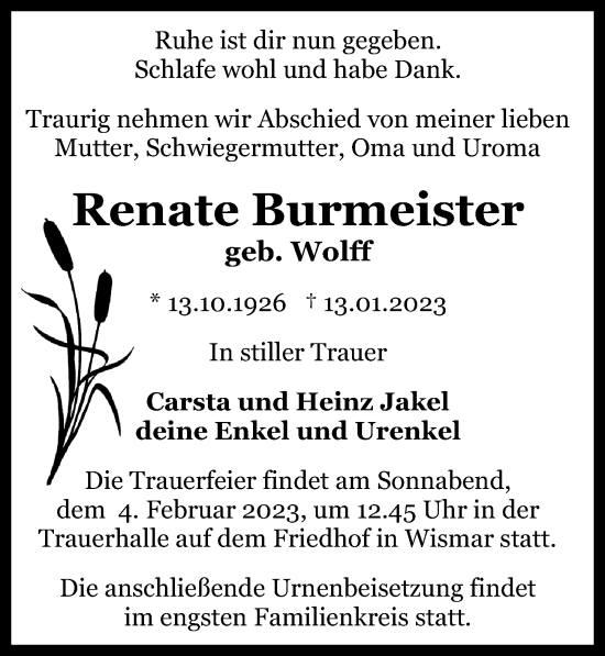 Traueranzeige von Renate Burmeister von Ostsee-Zeitung GmbH