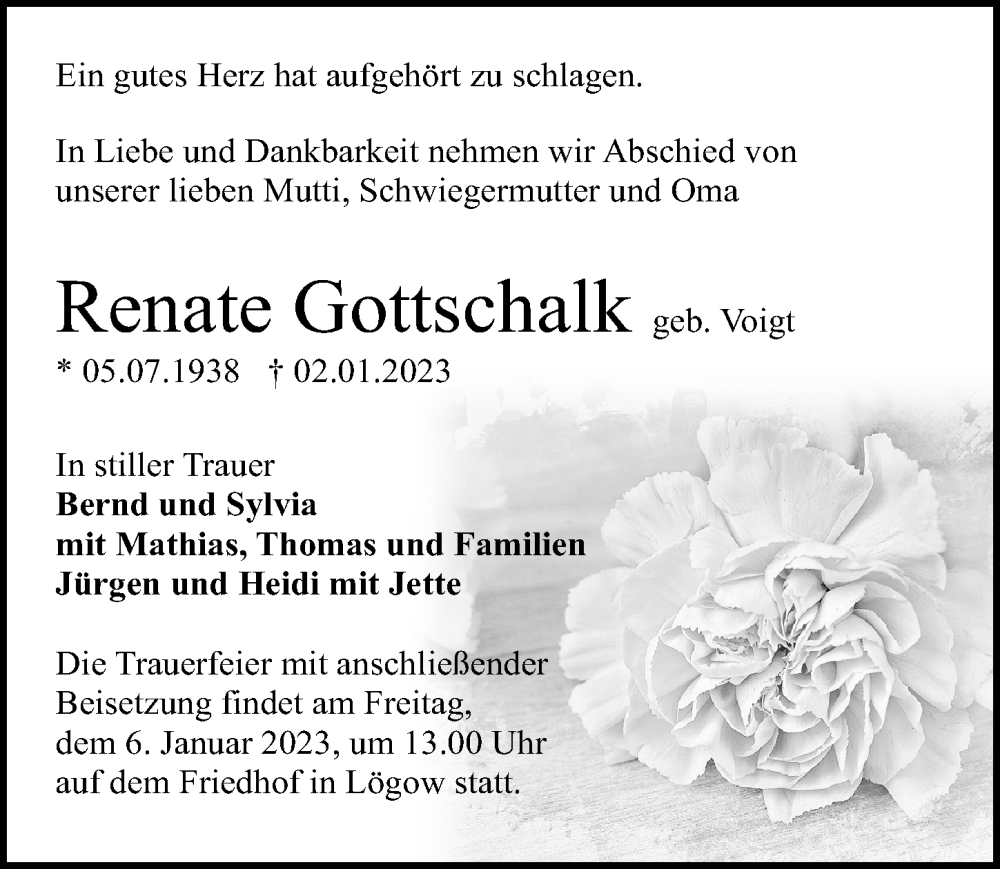  Traueranzeige für Renate Gottschalk vom 04.01.2023 aus Märkischen Allgemeine Zeitung