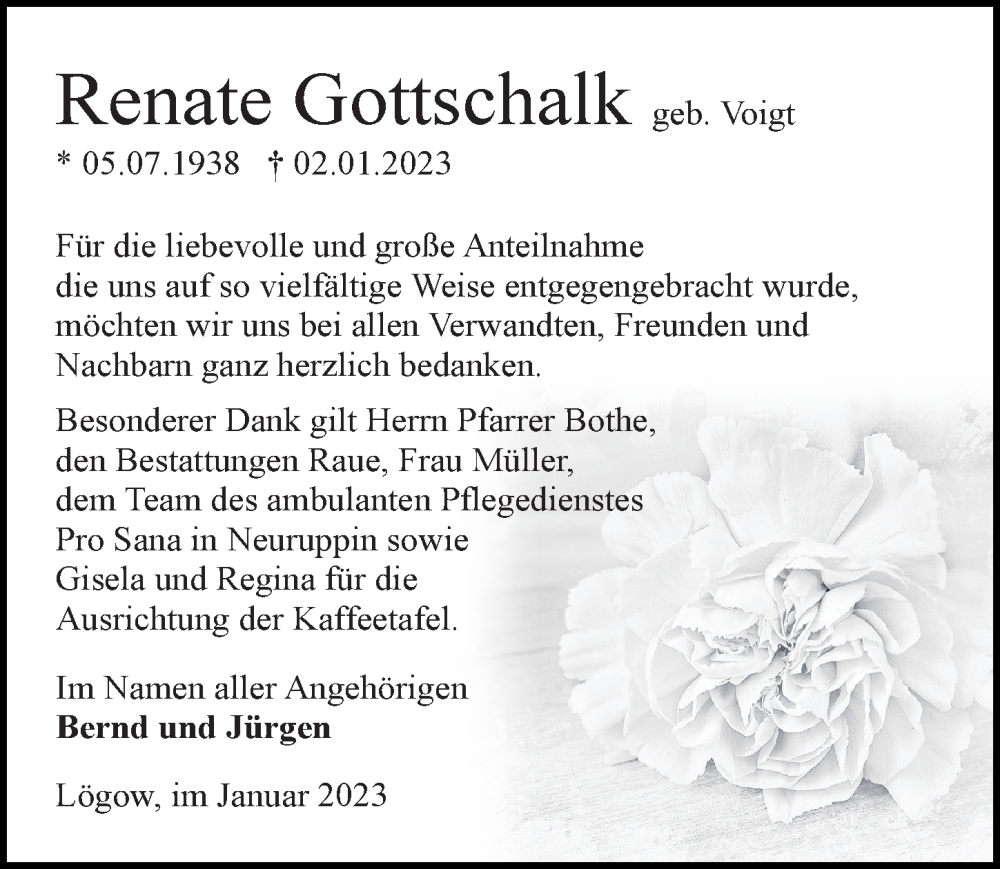  Traueranzeige für Renate Gottschalk vom 28.01.2023 aus Märkischen Allgemeine Zeitung