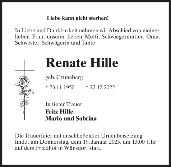 Traueranzeige von Renate Hille von Märkischen Allgemeine Zeitung