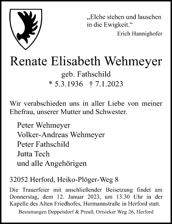 Traueranzeige von Renate Elisabeth Wehmeyer von Hannoversche Allgemeine Zeitung/Neue Presse