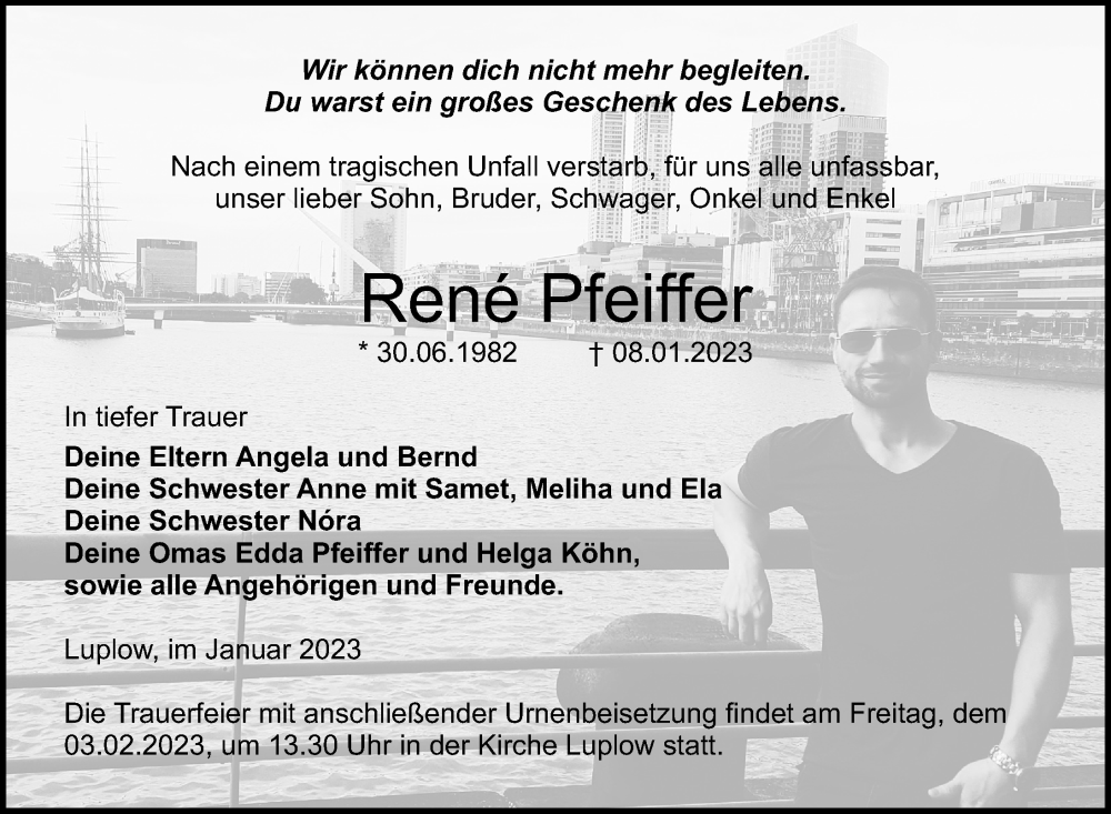  Traueranzeige für Rene Pfeiffer vom 27.01.2023 aus Ostsee-Zeitung GmbH