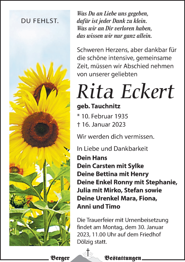 Traueranzeige für Rita Eckert vom 21.01.2023 aus Leipziger Volkszeitung