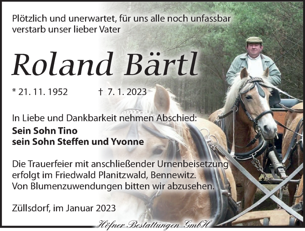  Traueranzeige für Roland Bärtl vom 21.01.2023 aus Torgauer Zeitung
