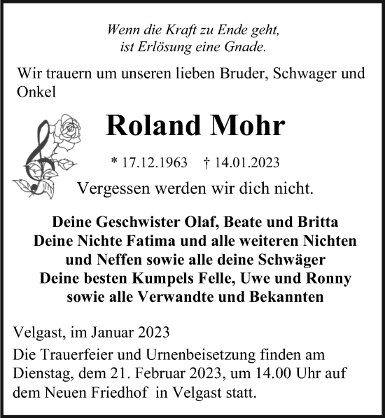 Traueranzeige von Roland Mohr von Ostsee-Zeitung GmbH