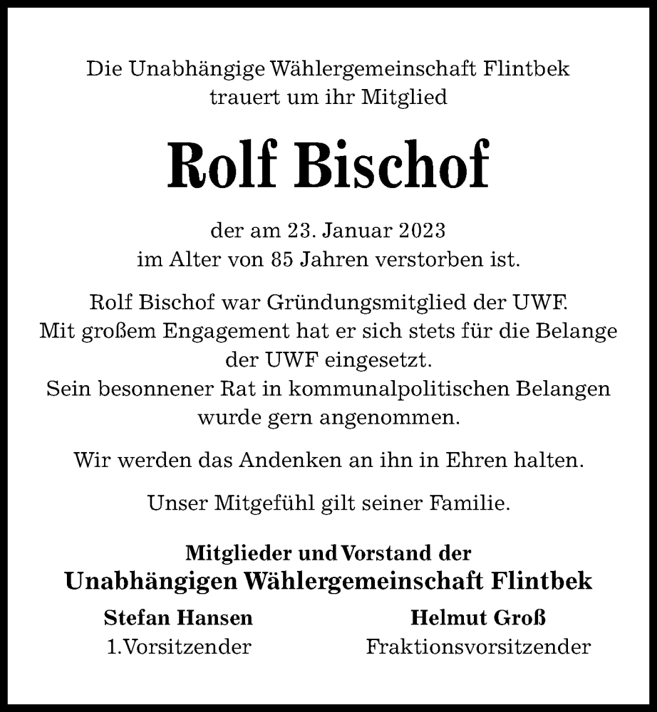  Traueranzeige für Rolf Bischof vom 28.01.2023 aus Kieler Nachrichten