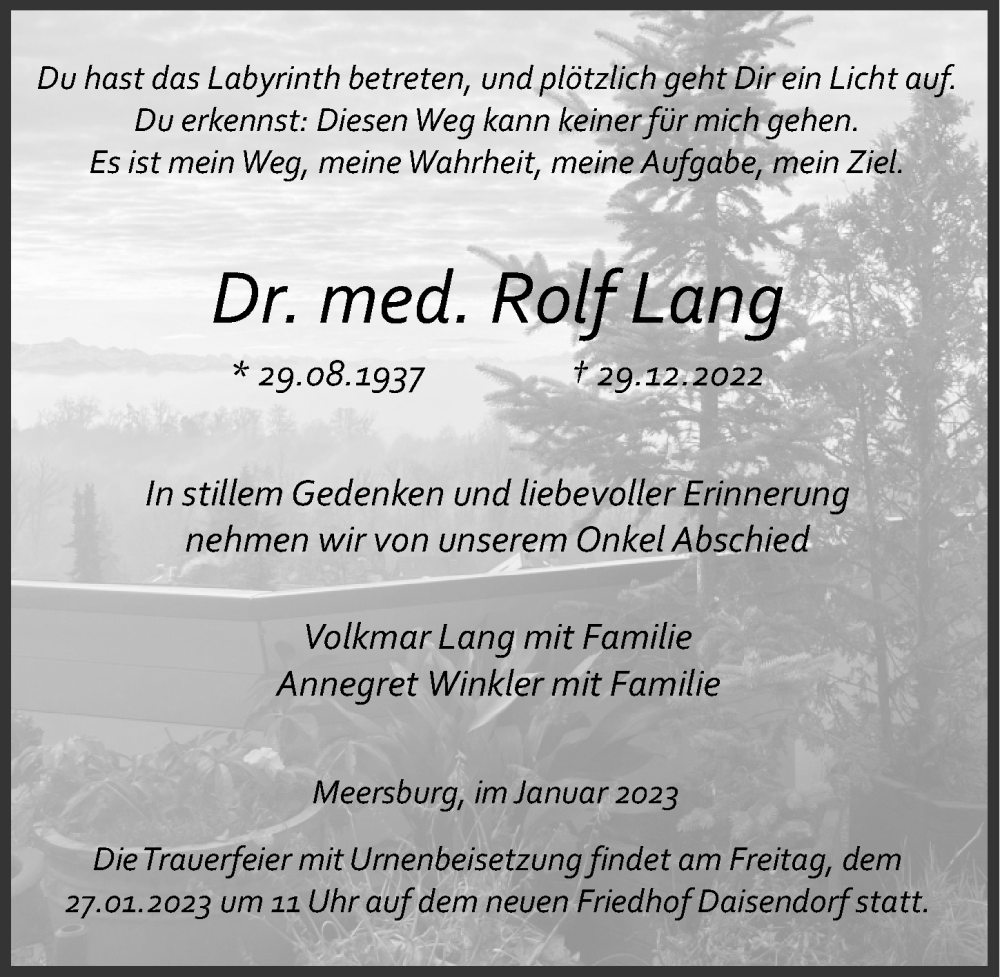  Traueranzeige für Rolf Lang vom 14.01.2023 aus Ostsee-Zeitung GmbH