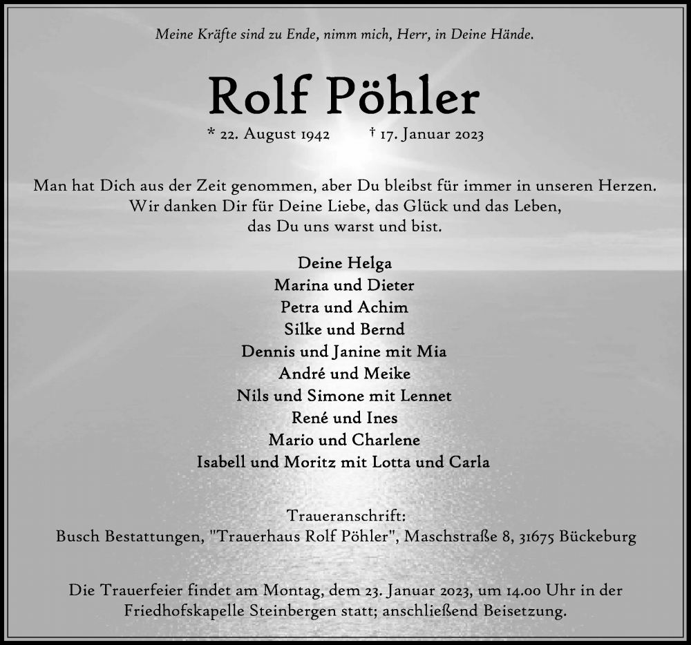  Traueranzeige für Rolf Pöhler vom 21.01.2023 aus Schaumburger Nachrichten
