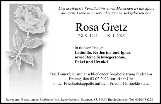 Traueranzeige von Rosa Gretz von Hannoversche Allgemeine Zeitung/Neue Presse