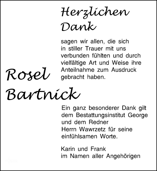 Traueranzeige von Rosel Bartnick von Leipziger Volkszeitung