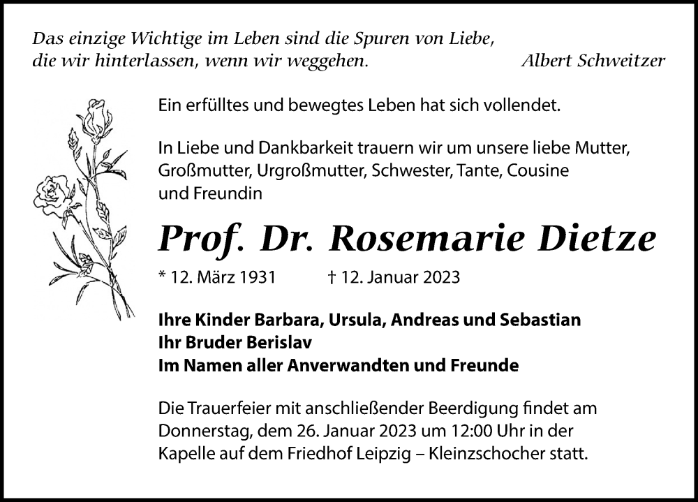  Traueranzeige für Rosemarie Dietze vom 21.01.2023 aus Leipziger Volkszeitung