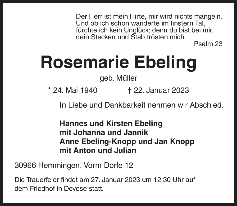  Traueranzeige für Rosemarie Ebeling vom 25.01.2023 aus Hannoversche Allgemeine Zeitung/Neue Presse