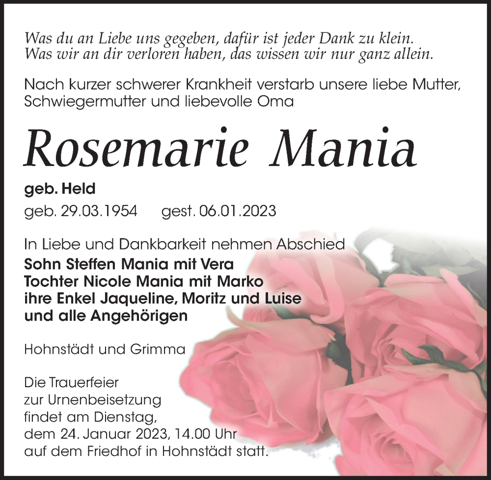  Traueranzeige für Rosemarie Mania vom 21.01.2023 aus Leipziger Volkszeitung