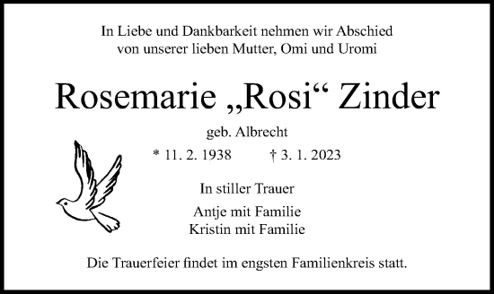 Traueranzeige von Rosemarie  Zinder von Ostsee-Zeitung GmbH