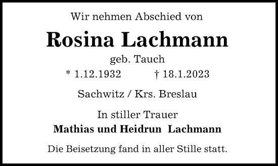 Traueranzeige von Rosina Lachmann von Peiner Allgemeine Zeitung