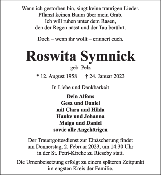 Traueranzeige von Roswita Symnick von Kieler Nachrichten