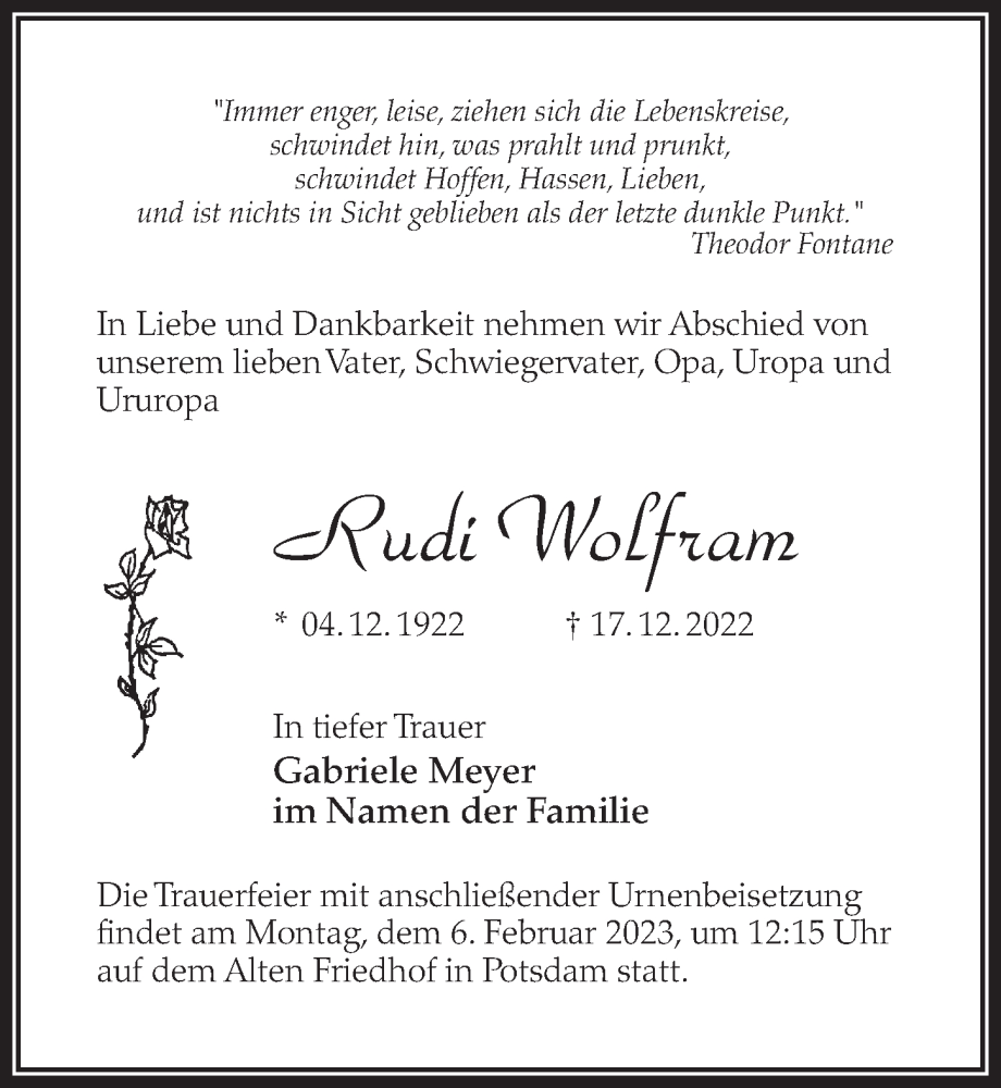  Traueranzeige für Rudi Wolfram vom 14.01.2023 aus Märkischen Allgemeine Zeitung