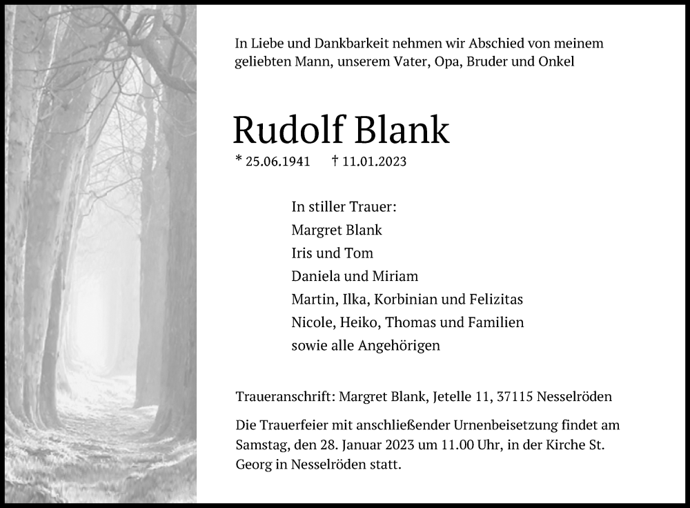  Traueranzeige für Rudolf Blank vom 21.01.2023 aus Göttinger Tageblatt